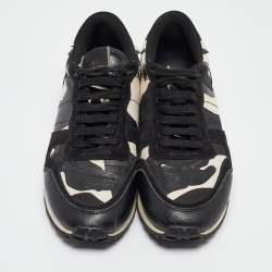 Valentino Black/White Camo Print Leather and Canvas Rockrunner Sneakers Size 39.5