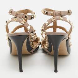 Pre Owned Valentino Black/Dusty Pink Leather Rockstud Ankle Strap Pumps Size 38.5