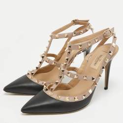 Pre Owned Valentino Black/Dusty Pink Leather Rockstud Ankle Strap Pumps Size 38.5