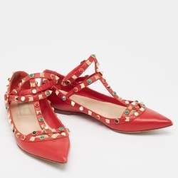 Pre Owned Valentino Red Leather Rockstud Ballet Flats Size 37