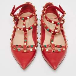 Pre Owned Valentino Red Leather Rockstud Ballet Flats Size 37