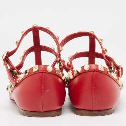 Pre Owned Valentino Red Leather Rockstud Ballet Flats Size 37
