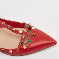 Pre Owned Valentino Red Leather Rockstud Ballet Flats Size 37