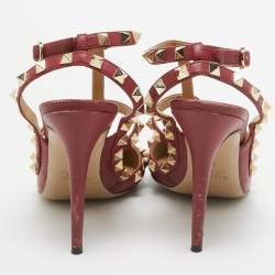 Pre Owned Valentino Burgundy Leather Rockstud Ankle Strap Pumps Size 39