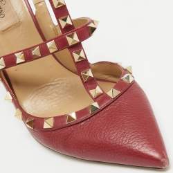 Pre Owned Valentino Burgundy Leather Rockstud Ankle Strap Pumps Size 39