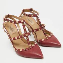 Pre Owned Valentino Burgundy Leather Rockstud Ankle Strap Pumps Size 39