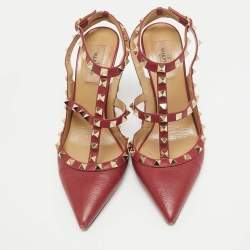 Pre Owned Valentino Burgundy Leather Rockstud Ankle Strap Pumps Size 39