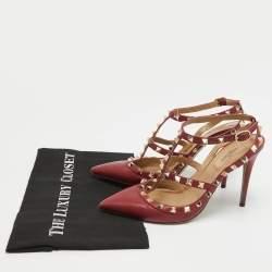 Pre Owned Valentino Burgundy Leather Rockstud Ankle Strap Pumps Size 39