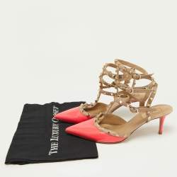 Pre Owned Valentino Pink/Beige Patent Leather Rockstud Strappy Pointed Toe Pumps Size 41
