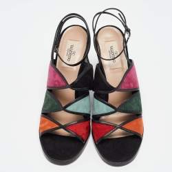 Pre Owned Valentino Multicolor Suede and Leather Ankle Wrap Sandals Size 38