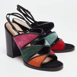 Pre Owned Valentino Multicolor Suede and Leather Ankle Wrap Sandals Size 38