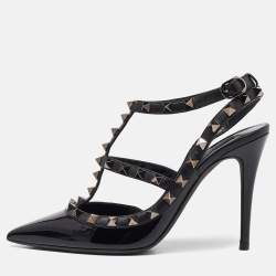 Pre Owned Valentino Black Patent Leather Rockstud Strappy Pumps Size 36