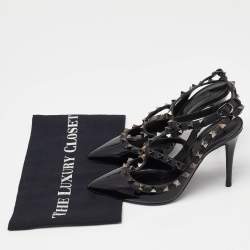 Pre Owned Valentino Black Patent Leather Rockstud Strappy Pumps Size 36