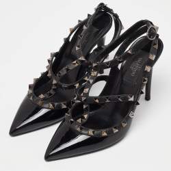 Pre Owned Valentino Black Patent Leather Rockstud Strappy Pumps Size 36