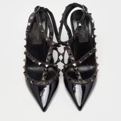 Pre Owned Valentino Black Patent Leather Rockstud Strappy Pumps Size 36