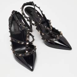 Pre Owned Valentino Black Patent Leather Rockstud Strappy Pumps Size 36