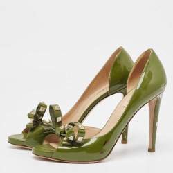 Valentino Army Green Patent Leather Rockstud Bow Open Toe D'orsay Pumps Size 39.5