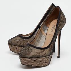 Pre Owned Valentino Black/Beige Mesh and Lace Platform Pumps Size 36