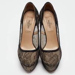 Pre Owned Valentino Black/Beige Mesh and Lace Platform Pumps Size 36