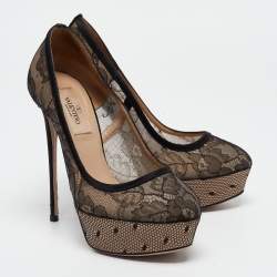 Pre Owned Valentino Black/Beige Mesh and Lace Platform Pumps Size 36