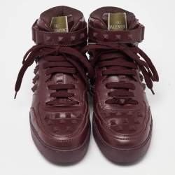 Pre Owned Valentino Burgundy Leather Rockstud High Top Sneakers Size 38