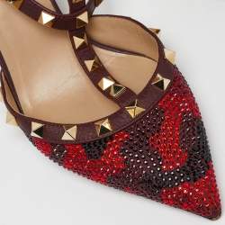 Valentino Red Leather Crystal Embellished Rockstud  Ankle Strap Pumps Size 37