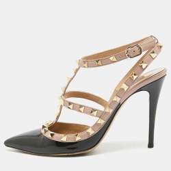 Pre Owned Valentino Black Patent Leather Rockstud Ankle Strap Pumps Size 38.5
