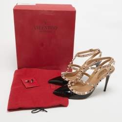 Pre Owned Valentino Black Patent Leather Rockstud Ankle Strap Pumps Size 38.5
