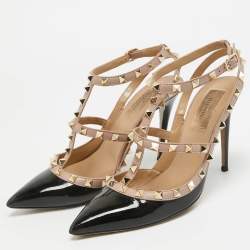 Pre Owned Valentino Black Patent Leather Rockstud Ankle Strap Pumps Size 38.5