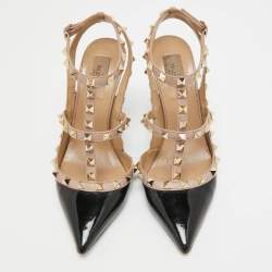 Pre Owned Valentino Black Patent Leather Rockstud Ankle Strap Pumps Size 38.5