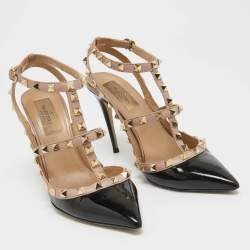 Pre Owned Valentino Black Patent Leather Rockstud Ankle Strap Pumps Size 38.5