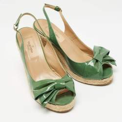 Valentino Green Patent Leather Mena Bow Espadrille Wedge Sandals Size 36