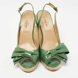 Valentino Green Patent Leather Mena Bow Espadrille Wedge Sandals Size 36