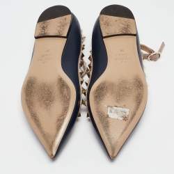 Pre Owned Valentino Navy Blue/Beige Leather Rockstud Caged Ballet Flats Size 36