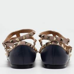 Pre Owned Valentino Navy Blue/Beige Leather Rockstud Caged Ballet Flats Size 36