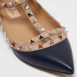 Pre Owned Valentino Navy Blue/Beige Leather Rockstud Caged Ballet Flats Size 36