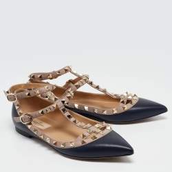 Pre Owned Valentino Navy Blue/Beige Leather Rockstud Caged Ballet Flats Size 36