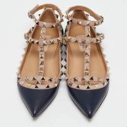 Pre Owned Valentino Navy Blue/Beige Leather Rockstud Caged Ballet Flats Size 36
