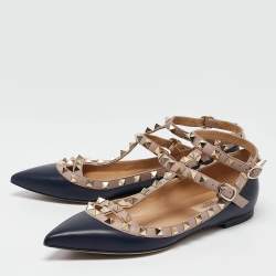 Pre Owned Valentino Navy Blue/Beige Leather Rockstud Caged Ballet Flats Size 36