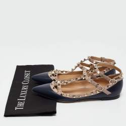 Pre Owned Valentino Navy Blue/Beige Leather Rockstud Caged Ballet Flats Size 36