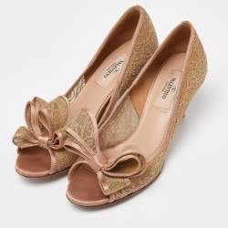 Valentino Beige Satin and Lace Bow Peep Toe Pumps Size 36