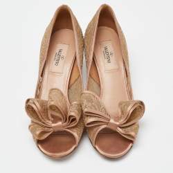 Valentino Beige Satin and Lace Bow Peep Toe Pumps Size 36