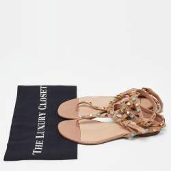 Valentino Beige Leather Rockstud Ankle-Strap Flats Size 35