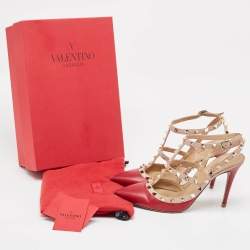 Pre Owned Valentino Red/Pink Leather Rockstud Ankle Strap Pumps Size 39