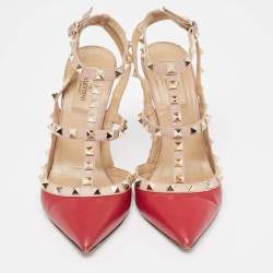 Pre Owned Valentino Red/Pink Leather Rockstud Ankle Strap Pumps Size 39