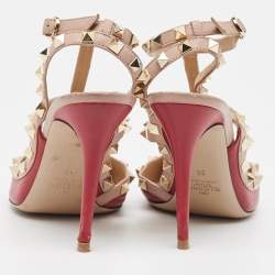 Pre Owned Valentino Red/Pink Leather Rockstud Ankle Strap Pumps Size 39