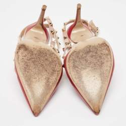 Pre Owned Valentino Red/Pink Leather Rockstud Ankle Strap Pumps Size 39