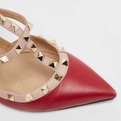 Pre Owned Valentino Red/Pink Leather Rockstud Ankle Strap Pumps Size 39