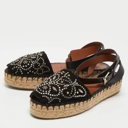 Valentino Black Embellished Suede and Leather Ankle Wrap Espadrille Sandals Size 39