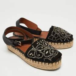 Valentino Black Embellished Suede and Leather Ankle Wrap Espadrille Sandals Size 39